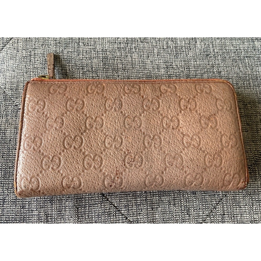 Auth GUCCI GG Guccissima Pink Leather Round Zipper Bifold Long‎ Wallet Purse Box